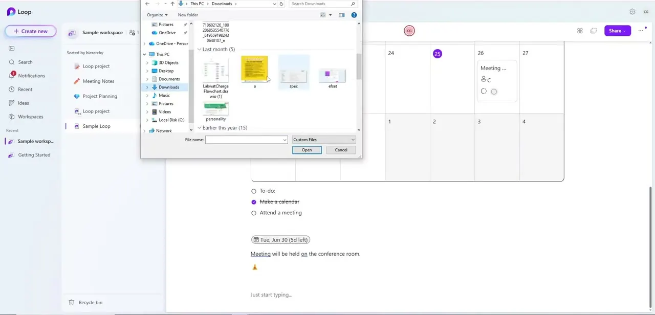 The standard Windows file picker opened from inside Loop's media block, browsing a Downloads folder for an image to upload.