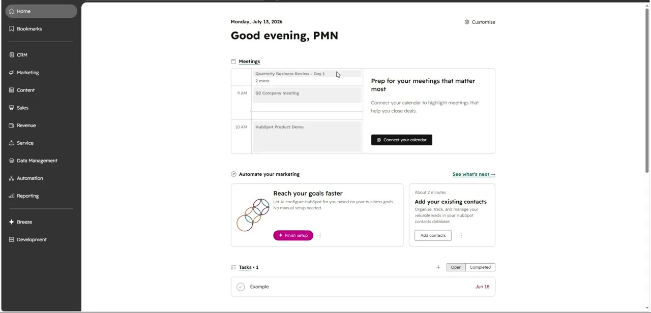 The HubSpot home dashboard, with the left-hand navigation that leads to the App Marketplace where the QuickBooks Online connector lives.
