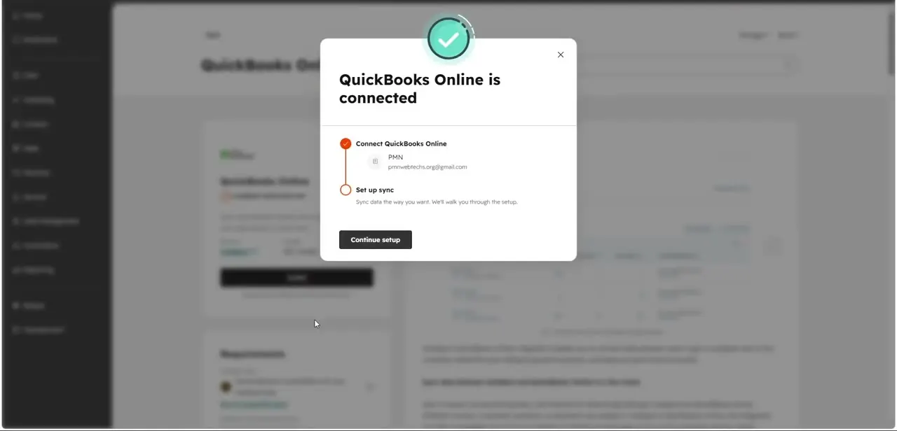 The confirmation modal after authorization — QuickBooks Online shows as connected, with "Set up sync" as the next required step before any data moves.