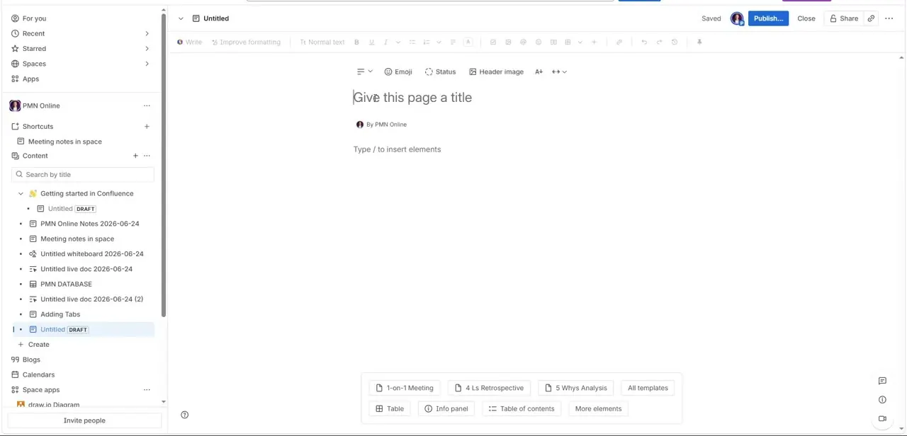 A brand-new blank page, with the title placeholder, the slash-command hint, and quick-access template buttons along the bottom.