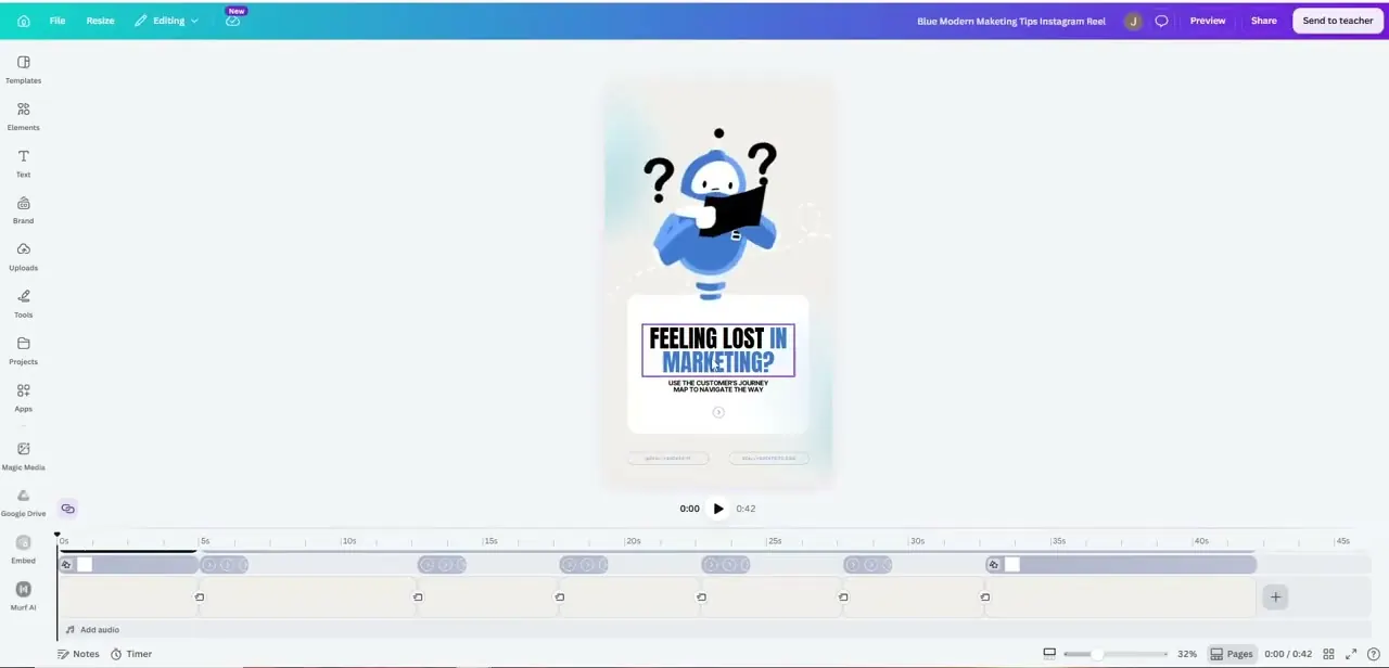 A marketing-tips Reel template open in the editor, with its animation preview and a full timeline strip along the bottom.
