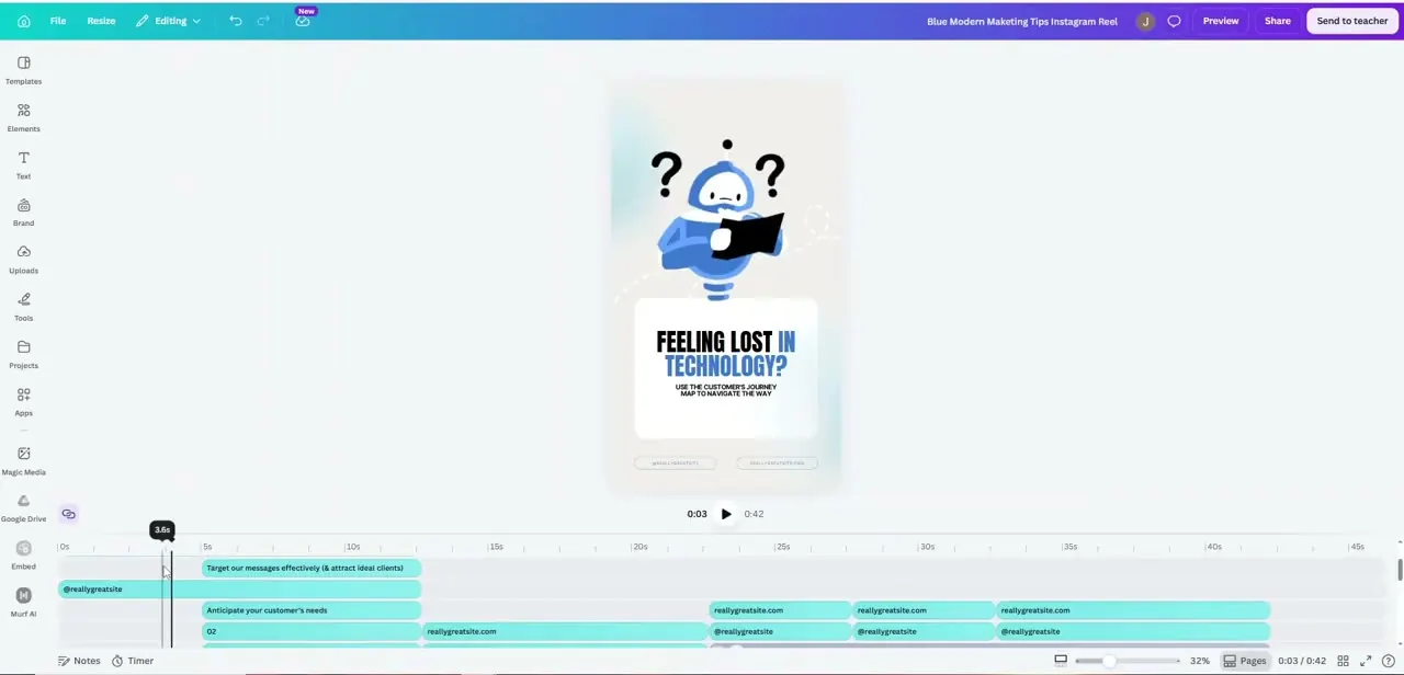 The Reel's timeline expanded to show individual text segments, with the headline text already rewritten for a new topic.