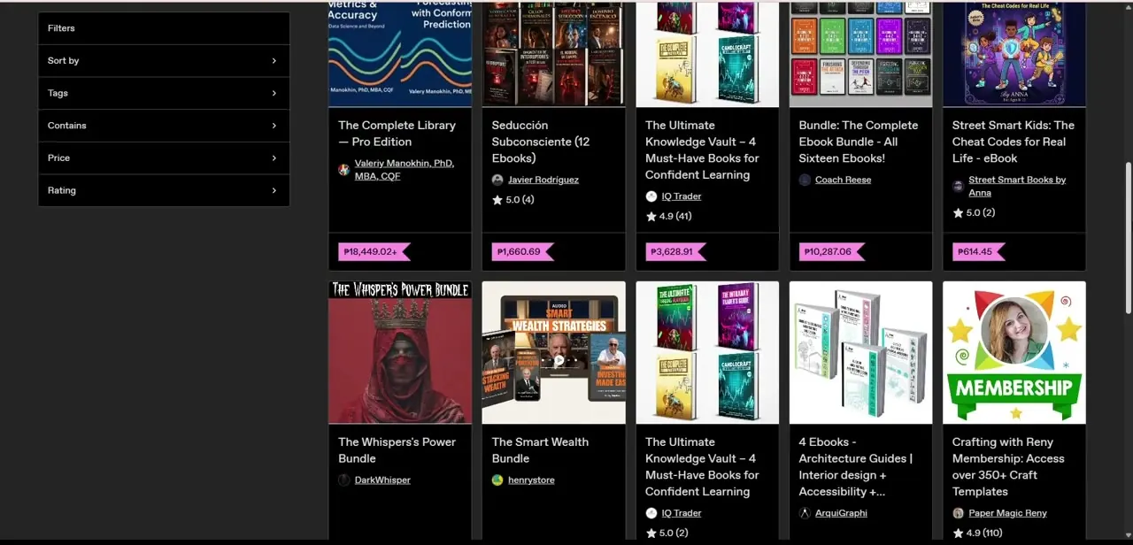 A grid of ebook listings on the marketplace, each showing a cover image, creator, star rating, and price — bundles and single titles sit side by side.