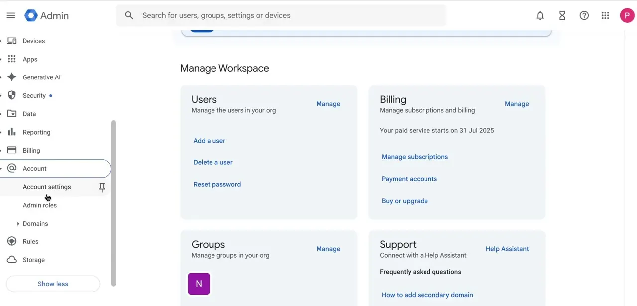 The Admin console home screen, with the Billing card showing subscription details and links to manage or cancel it — this needs handling before deletion will go through.