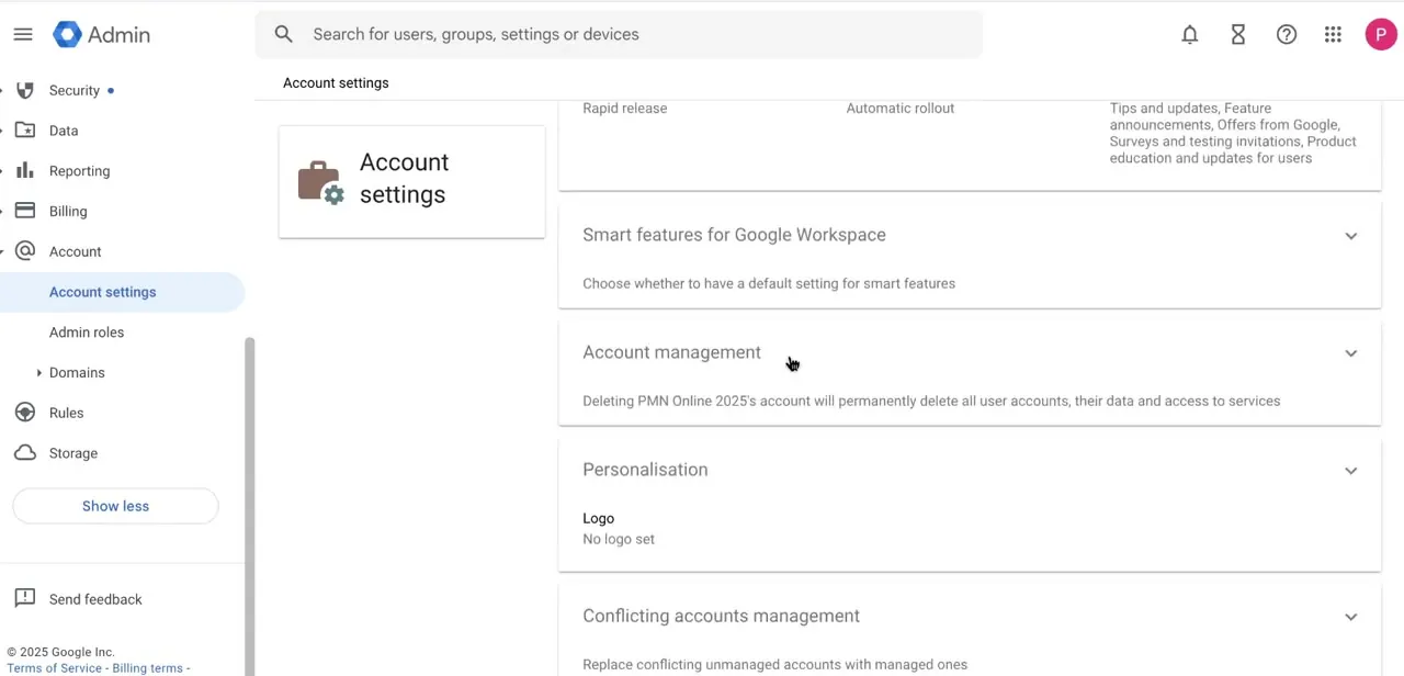 The Account management section under Account settings, stating that deleting the account will permanently remove all user accounts, their data, and access to services.