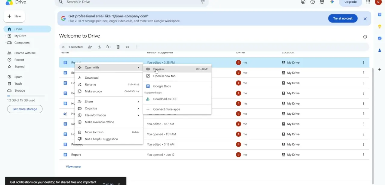 The right-click context menu's Open with submenu, with Google Docs listed as an option next to Preview and Download as PDF.