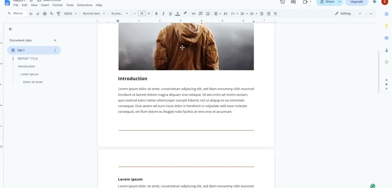 A document open in the full Google Docs editor, with the document tabs sidebar on the left and the standard formatting toolbar across the top.