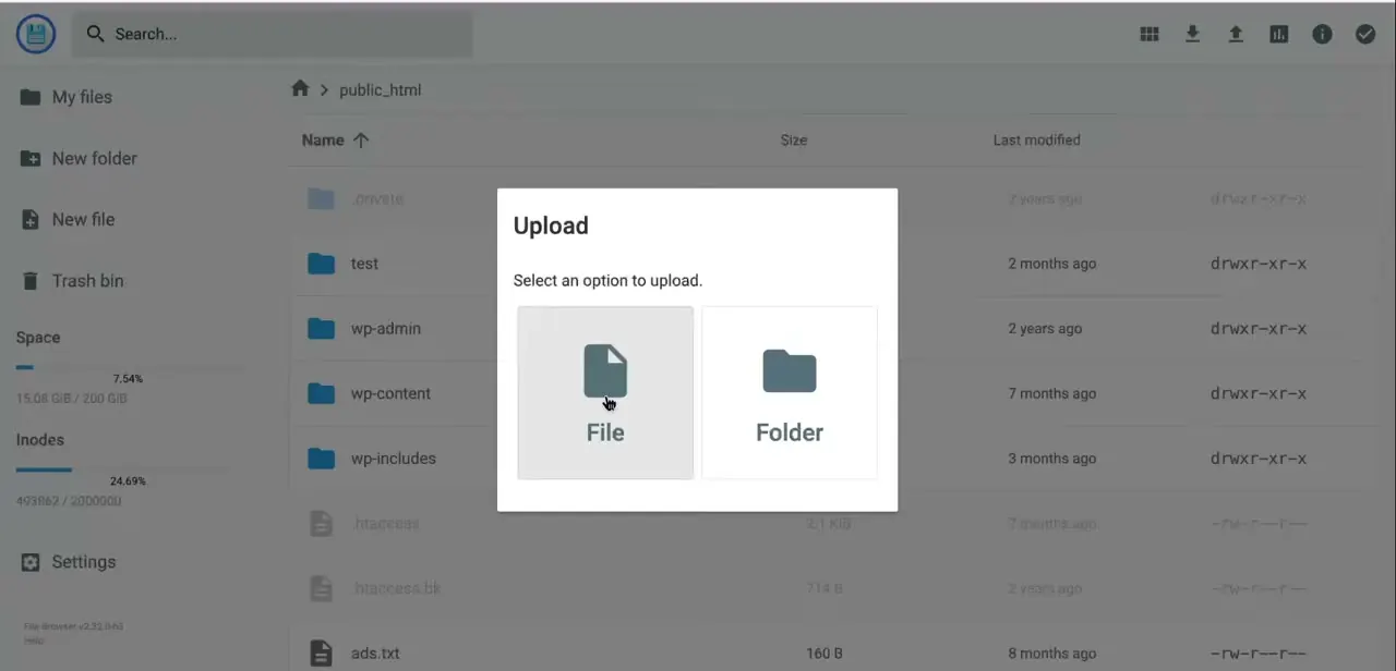 The file manager sitting in public_html with the Upload dialog open, offering File or Folder.
