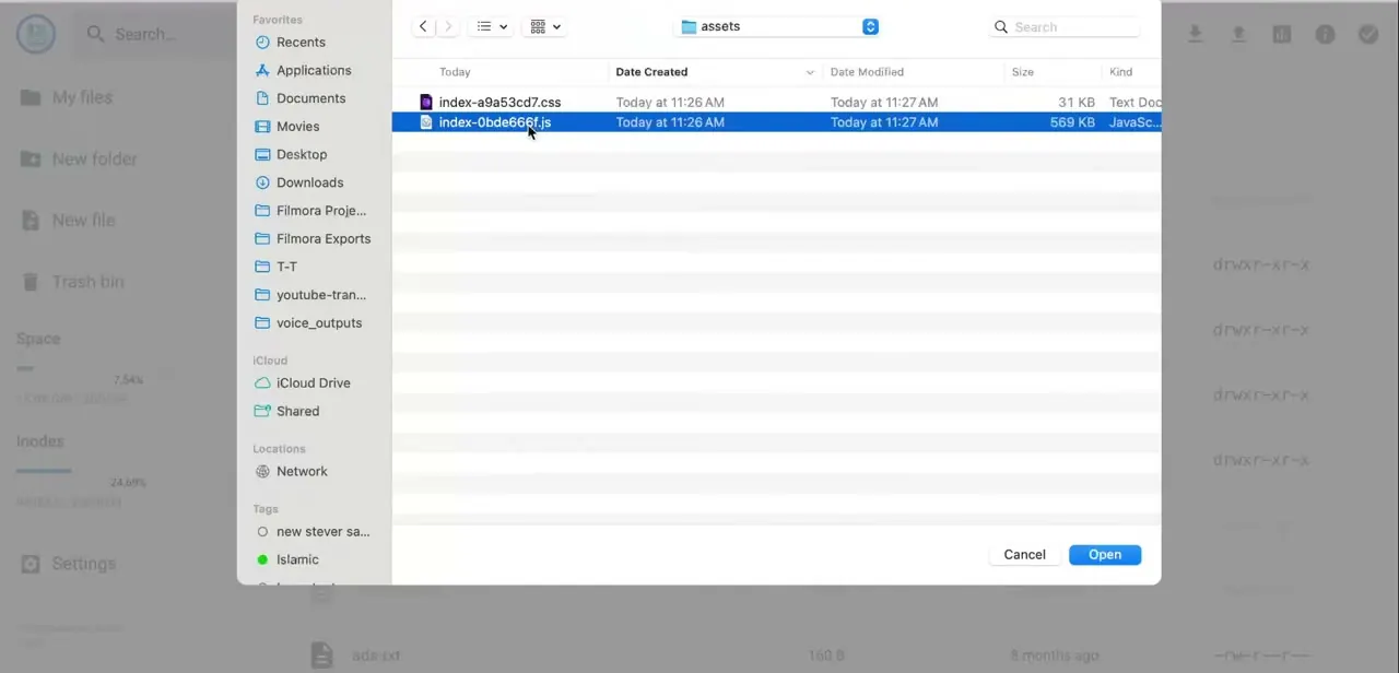 The system file picker open on a build output folder, showing the hashed CSS and JavaScript bundles Next.js produces.