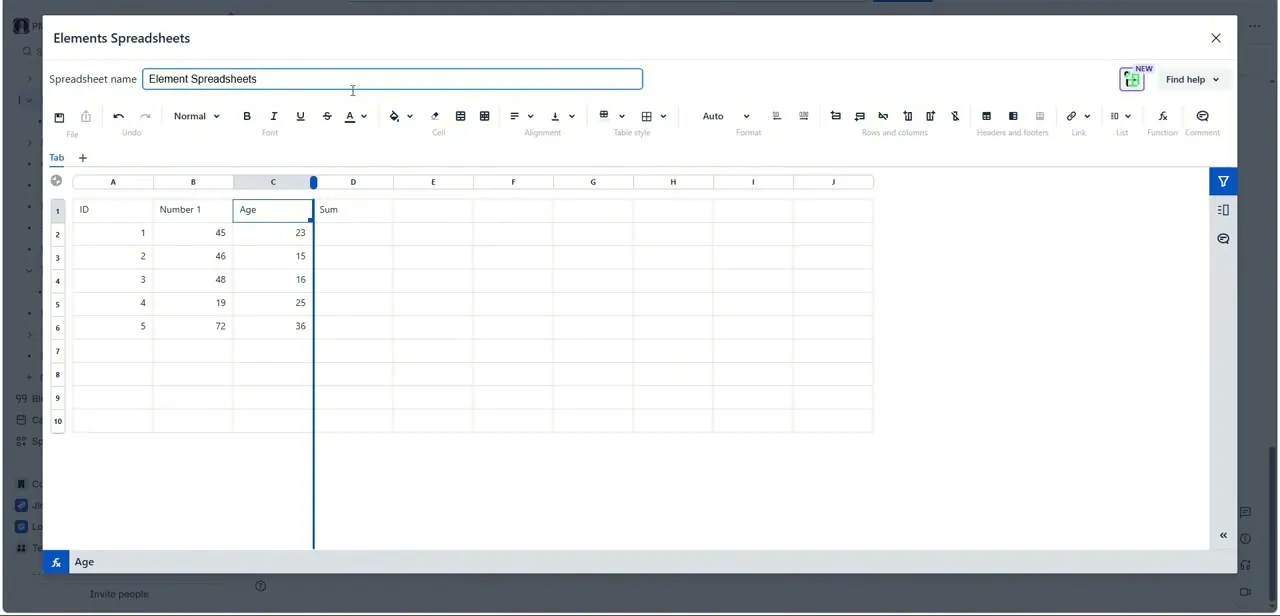 The Elements Spreadsheets grid with ID, Number 1, and Age columns filled in, and an empty Sum column ready for a formula.