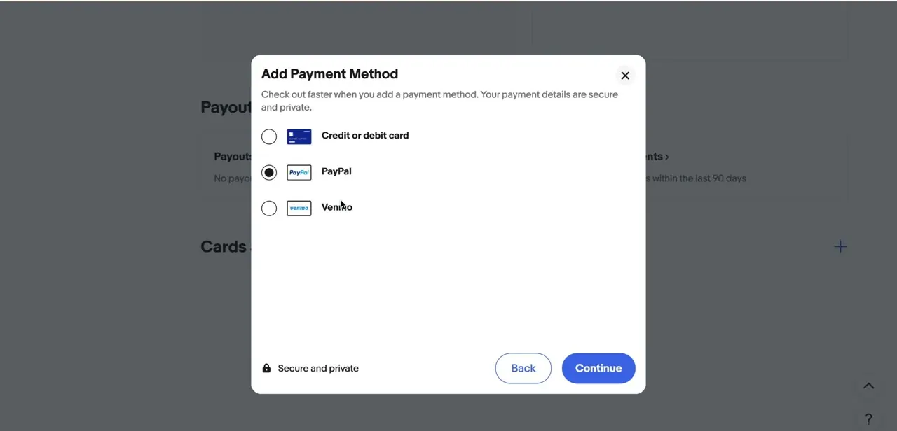 The Add Payment Method modal, with PayPal selected alongside Credit or debit card and Venmo as checkout options.