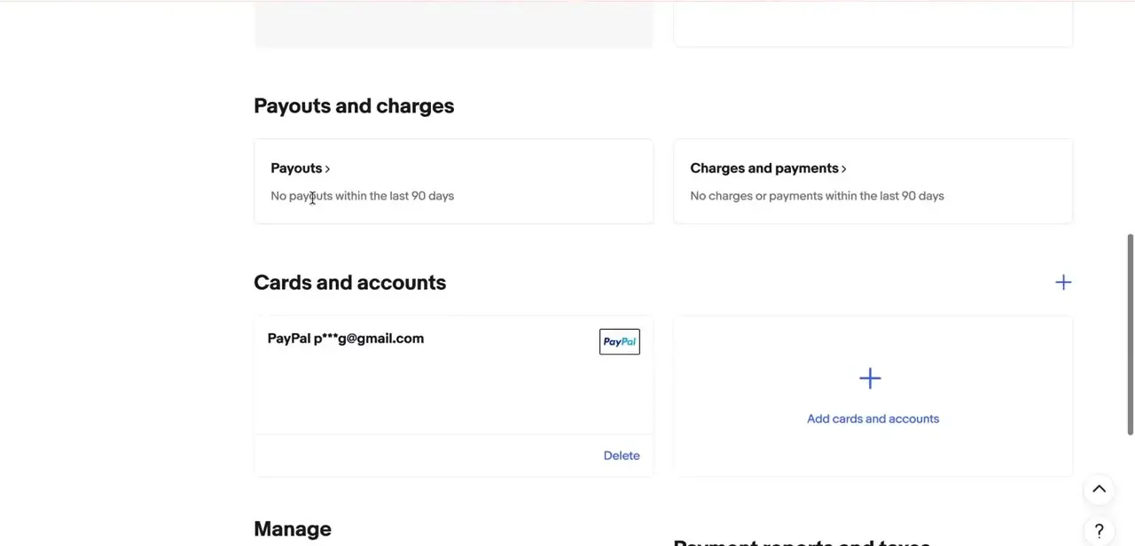 The Cards and accounts section after linking PayPal, showing the masked account email and a Delete option alongside an Add cards and accounts tile.