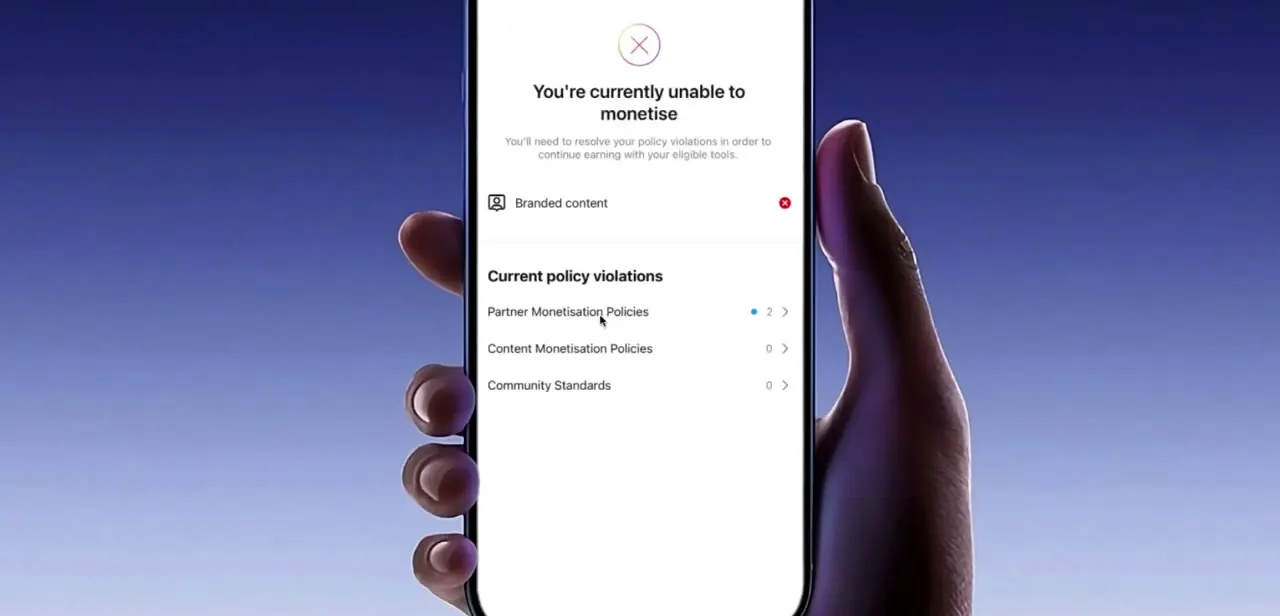 The "You're currently unable to monetise" screen, breaking eligibility issues into Partner Monetisation Policies, Content Monetisation Policies, and Community Standards.