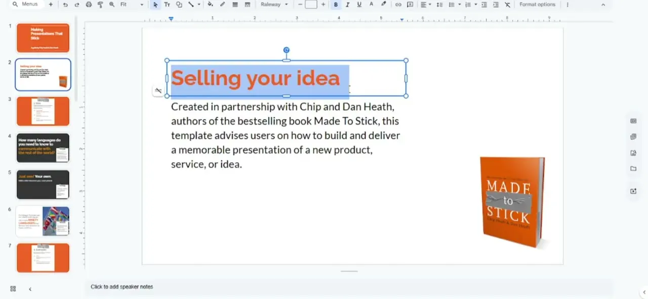 A slide's headline text box selected and highlighted in the Slides editor, ready to be copied into a document.
