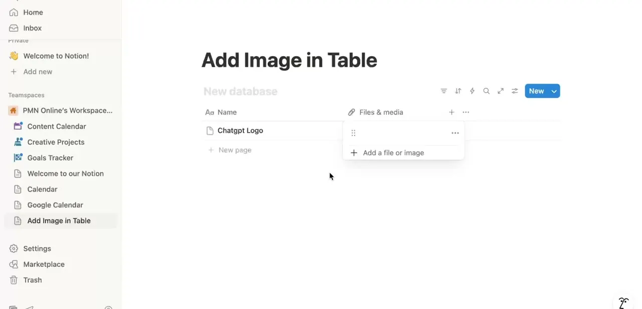 A row named "Chatgpt Logo" with its Files & media cell open, showing the "Add a file or image" option before anything is attached.