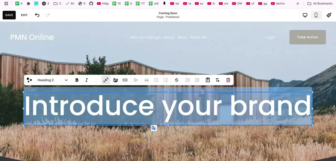 A heading block being edited directly on the Coming Soon page, with the inline formatting toolbar open above it.