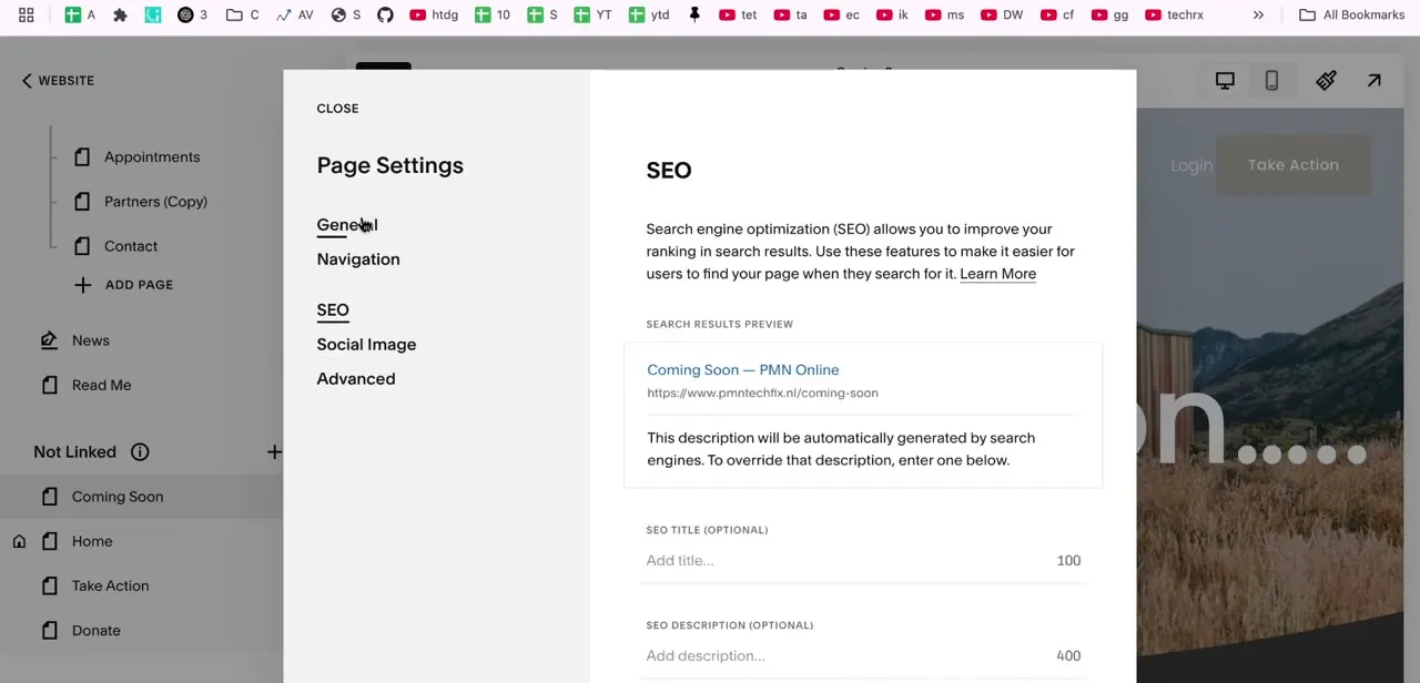 The Page Settings panel for the Coming Soon page, showing the General, Navigation, SEO, Social Image, and Advanced tabs, with an SEO search-result preview open.