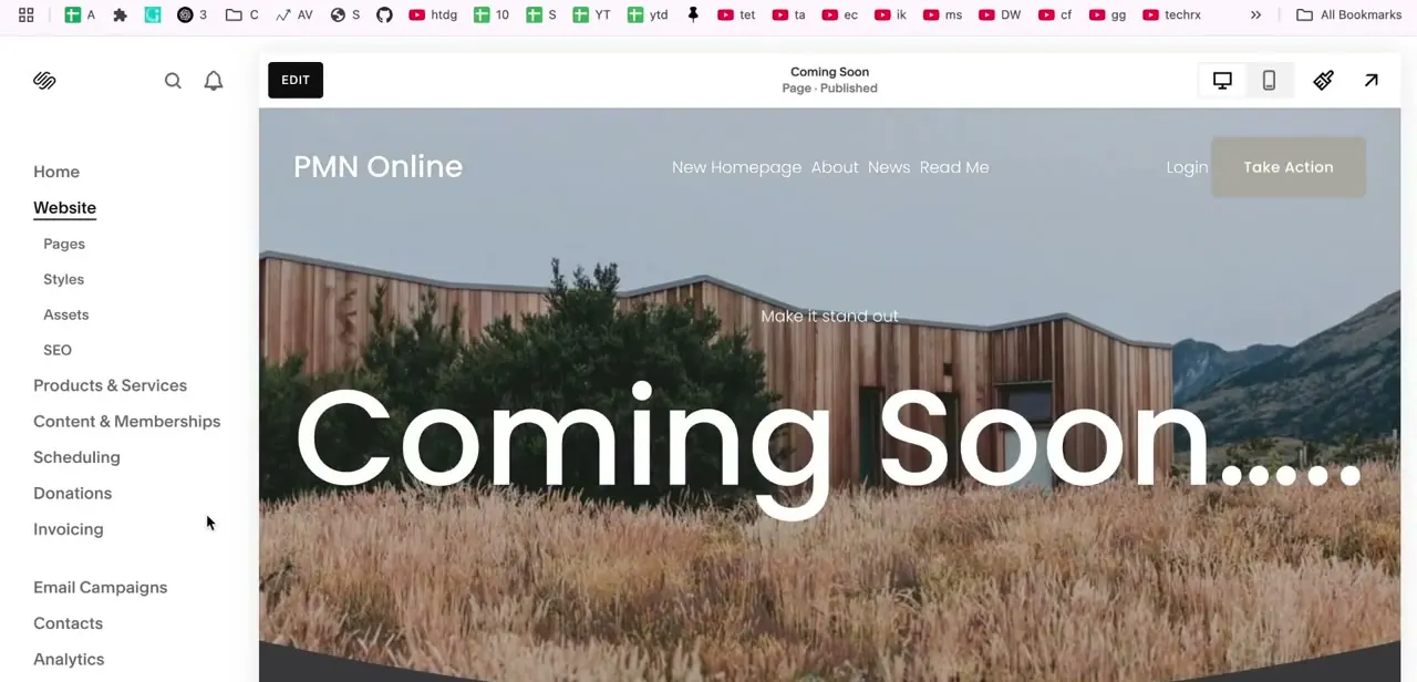 The published Coming Soon page as visitors would see it, with the site navigation and "Take Action" button visible above the heading.