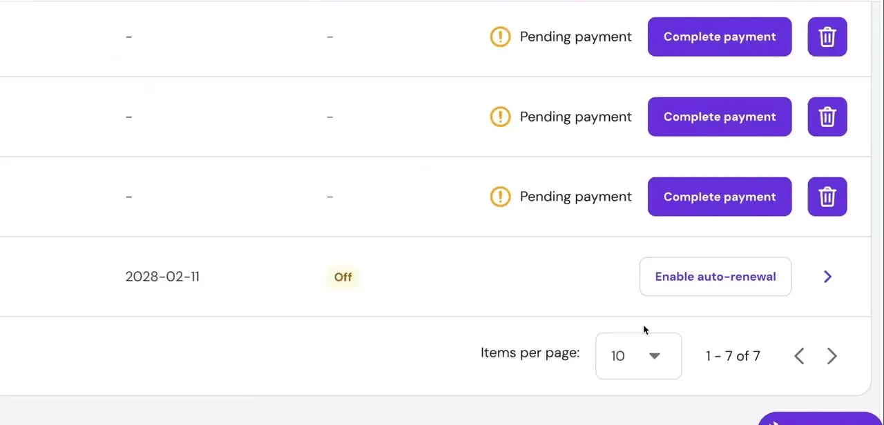 Rows in different states: pending, unpaid subscriptions with a Complete payment button, and an active plan showing its expiration date with auto-renewal switched Off.