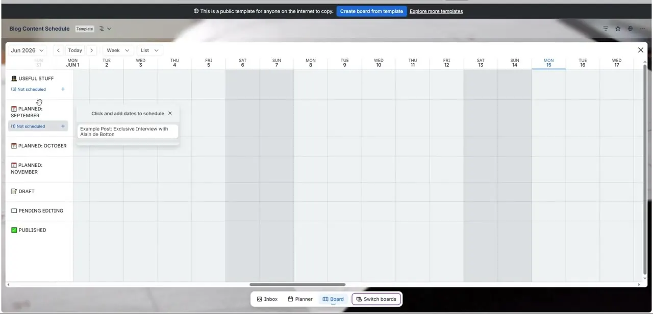 The date-grid view for June 2026, grouped by List, with each list showing how many of its cards have no date yet.