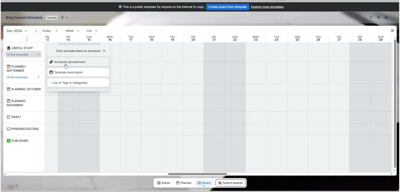 The same date-grid view navigated back to December 2024, with the scheduling panel still open for the Useful Stuff list.