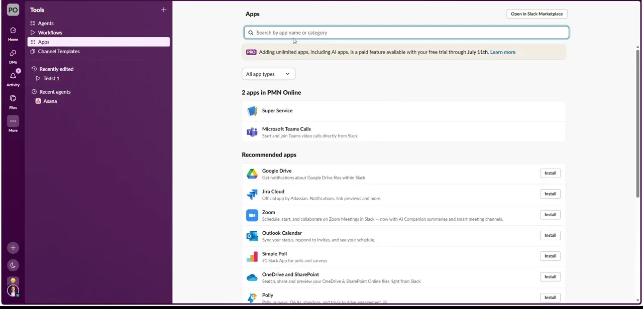 Slack's Apps page, showing installed apps and a Recommended apps list you can search from to find a WhatsApp connector.