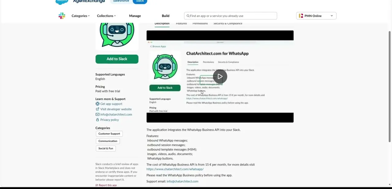 A WhatsApp connector's Slack Marketplace listing, spelling out its feature list, supported languages, and monthly pricing before you add it.
