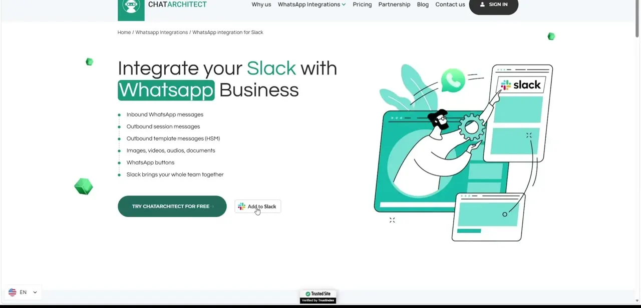 The connector's own marketing site, restating the WhatsApp Business API features and pricing you'll actually be paying for.