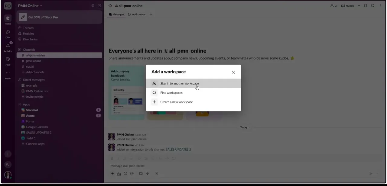 The Add a workspace dialog, showing the three paths: sign in to an existing workspace, find one tied to your email, or create a new one.