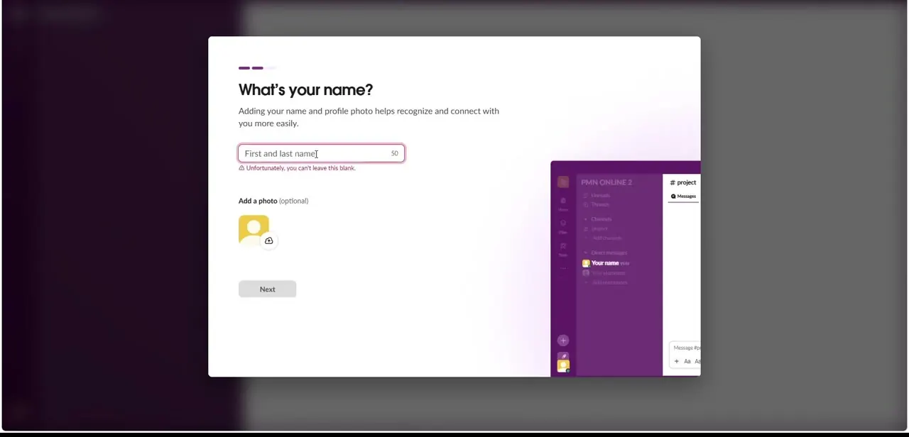 The "What's your name?" identity screen every new workspace shows before you land in it, with a live preview of the sidebar behind it.