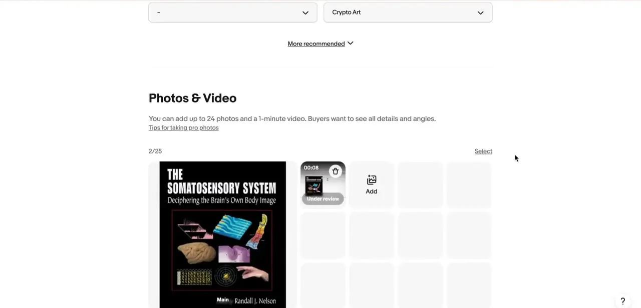A newly uploaded video showing a running timer and an "Under review" badge while eBay processes it.