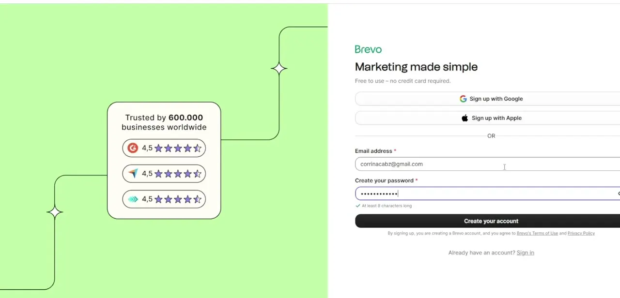 The account creation screen: Google or Apple sign-up at the top, or an email and password entered directly below.