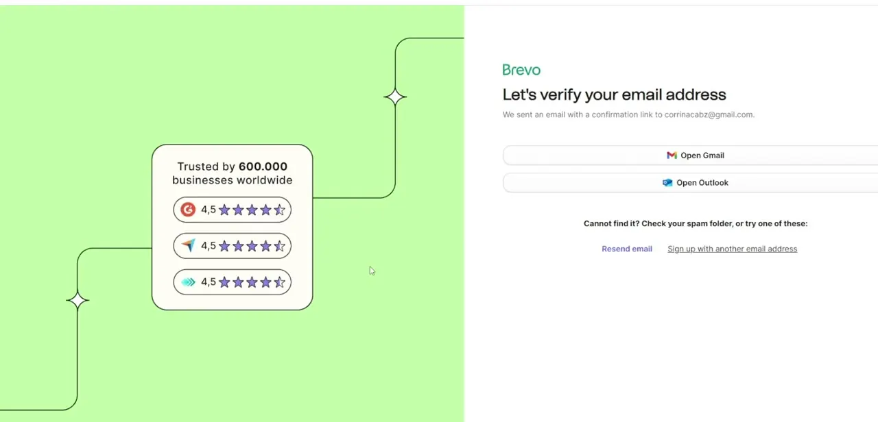 The email verification screen, with one-click shortcuts into Gmail or Outlook and a resend option if the message doesn't arrive.