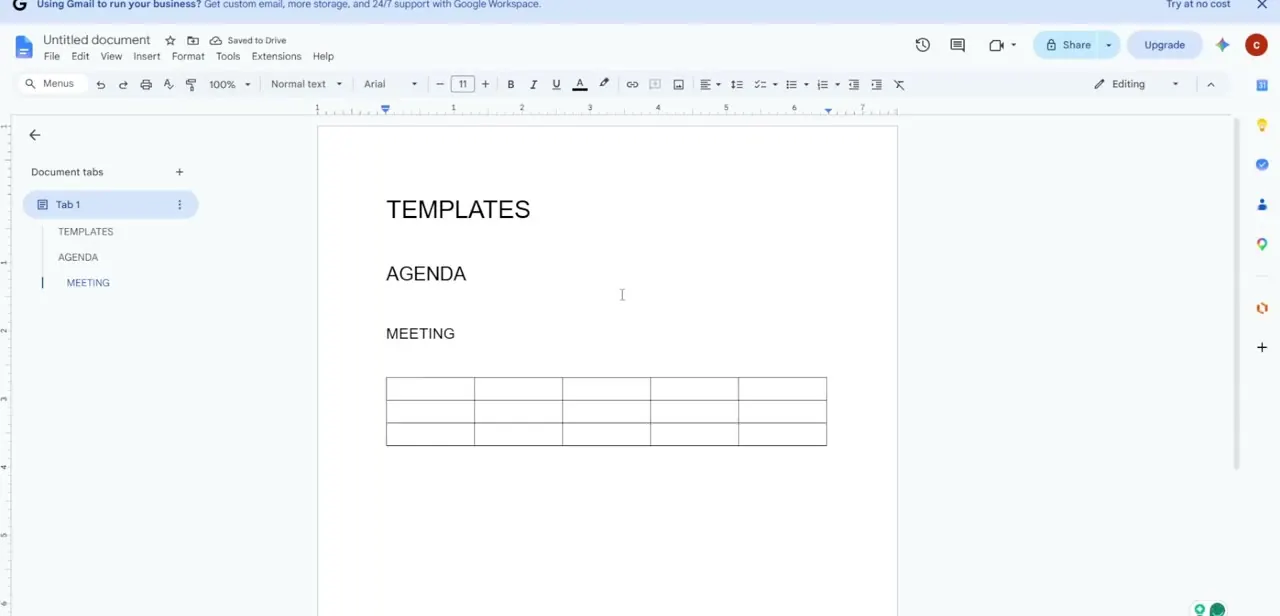 A document with TEMPLATES, AGENDA, and MEETING headings, each one appearing as its own entry in the Document tabs sidebar, plus a data table under the Meeting section.