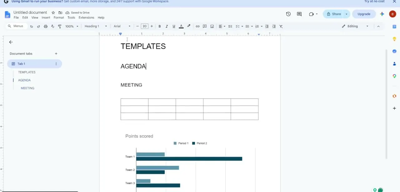 The AGENDA heading selected with Heading 1 style applied in the toolbar, sitting above a data table and a sample chart left in as placeholder content.