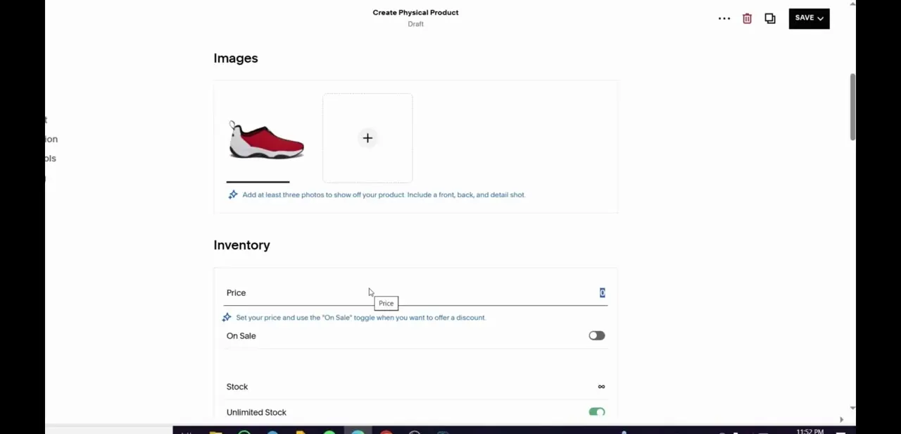 The standard product editor — images, price, and stock. Subscription options are added on top of this same product, not created separately.