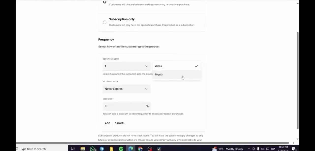 The Frequency settings for a subscription product — how often it repeats, the billing cycle, and an optional discount for subscribers.