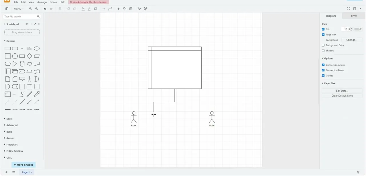 The same diagram with a connector now drawn from the rectangle to an actor, with an "Unsaved changes" banner reminding you to save before exporting.