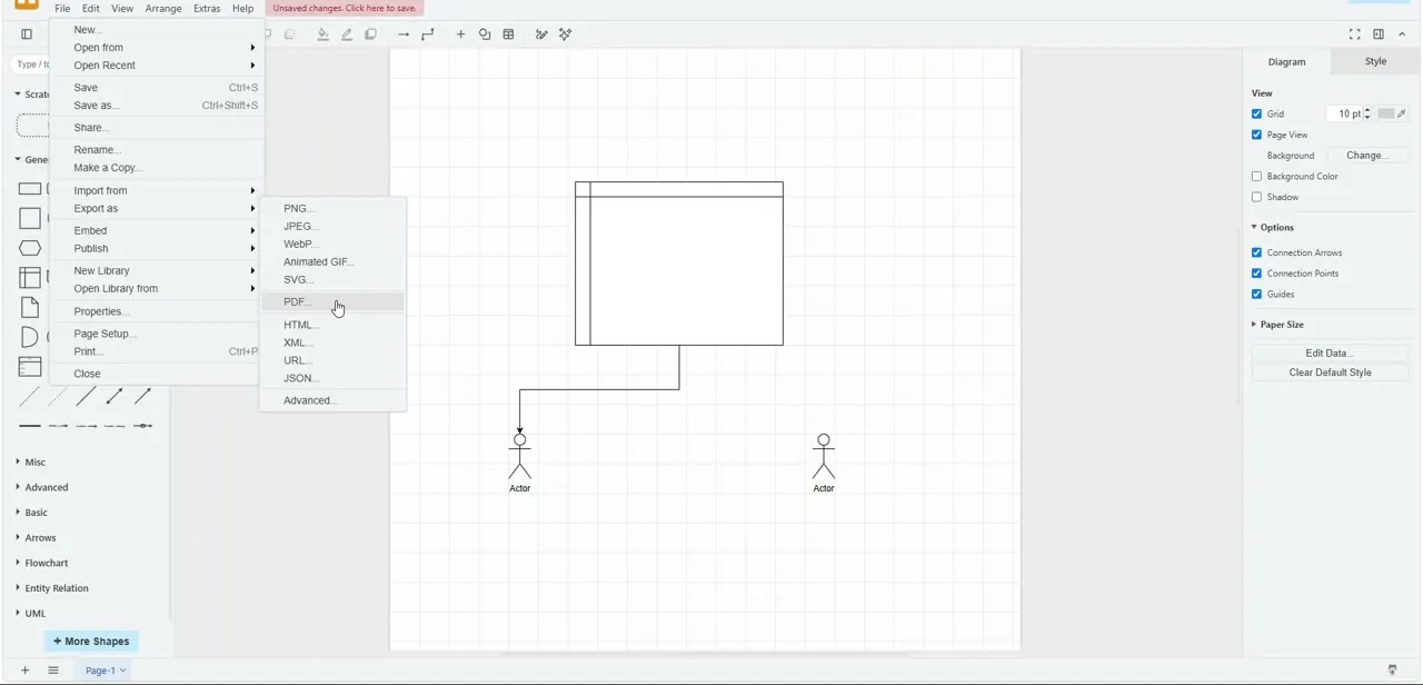 The File > Export as submenu, with PDF highlighted among the available formats including PNG, SVG, XML, and HTML.