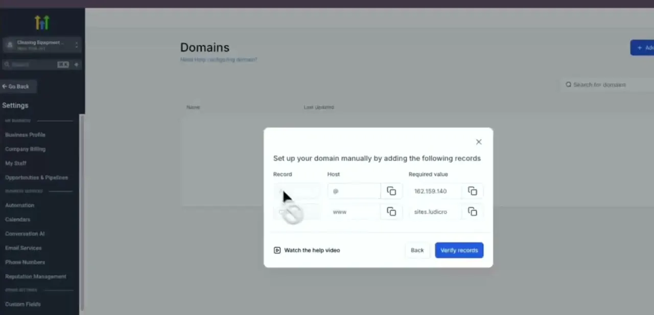 GoHighLevel's manual domain setup panel, listing the A record's required IP value and the CNAME's required host value.