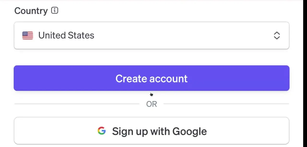 The account creation form: a country selector, the Create account button, and a Sign up with Google shortcut underneath.