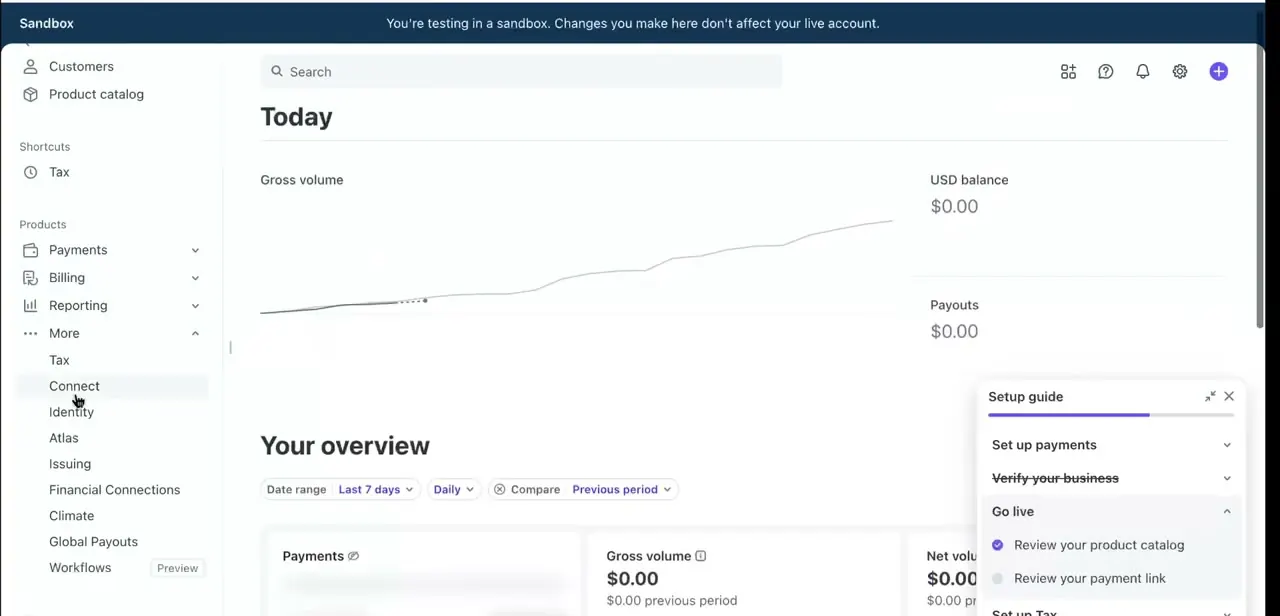 The sandbox dashboard with its testing banner, the standard Payments/Billing/Reporting navigation, and a Setup guide panel tracking progress toward Go live.