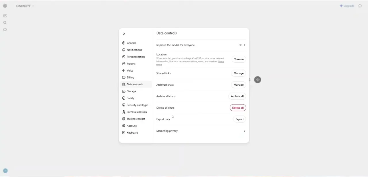 The Data controls screen. "Export data" sits at the bottom, just above the unrelated but easy-to-misclick "Delete all chats" option.