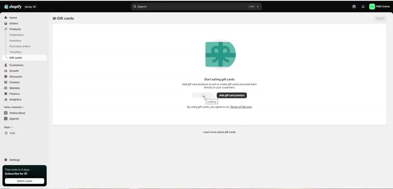 The Gift cards page before any exist. From here you can either add a gift card product to sell or issue a card straight to a customer.