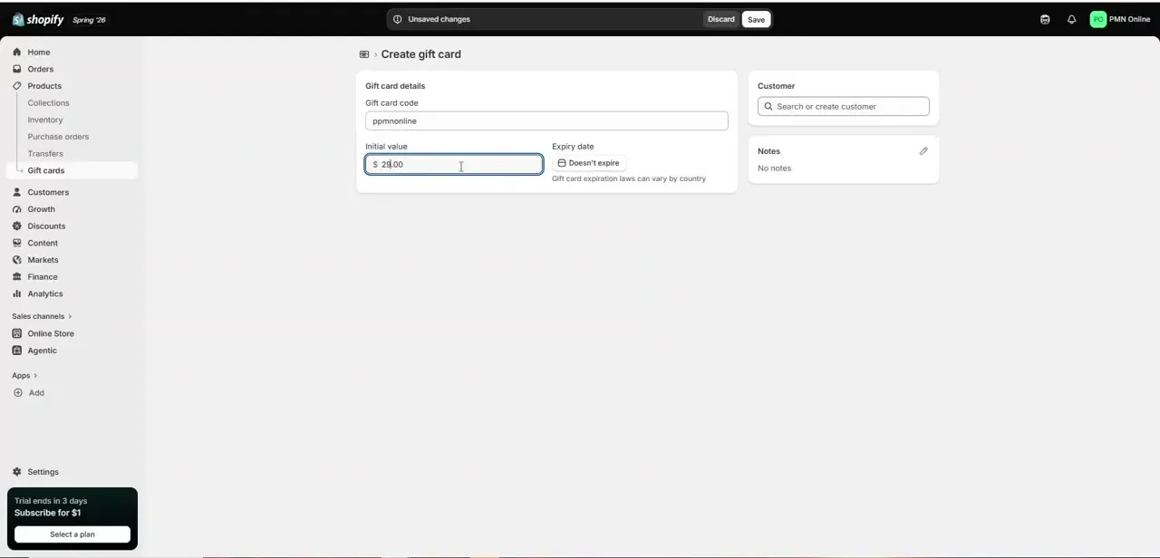 The gift card details form — a code, a starting balance, and an expiry that defaults to "Doesn't expire." Shopify notes that expiry laws vary by country.