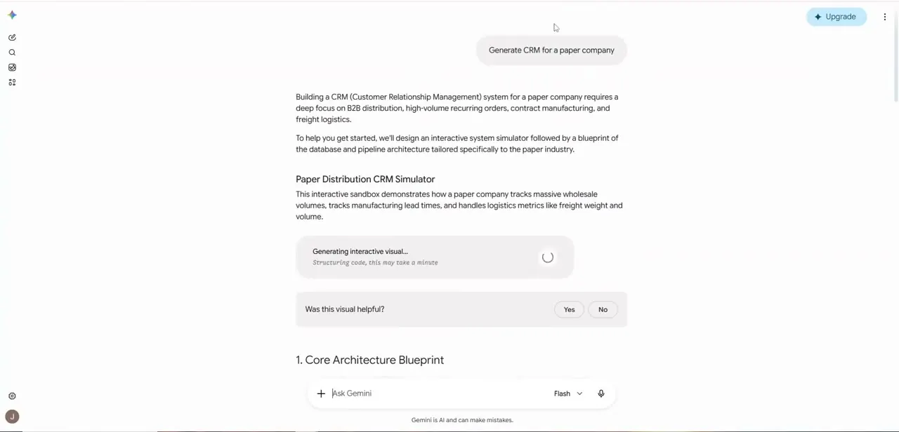 Gemini generating a CRM blueprint from a business-specific prompt, starting with a Core Architecture Blueprint section.