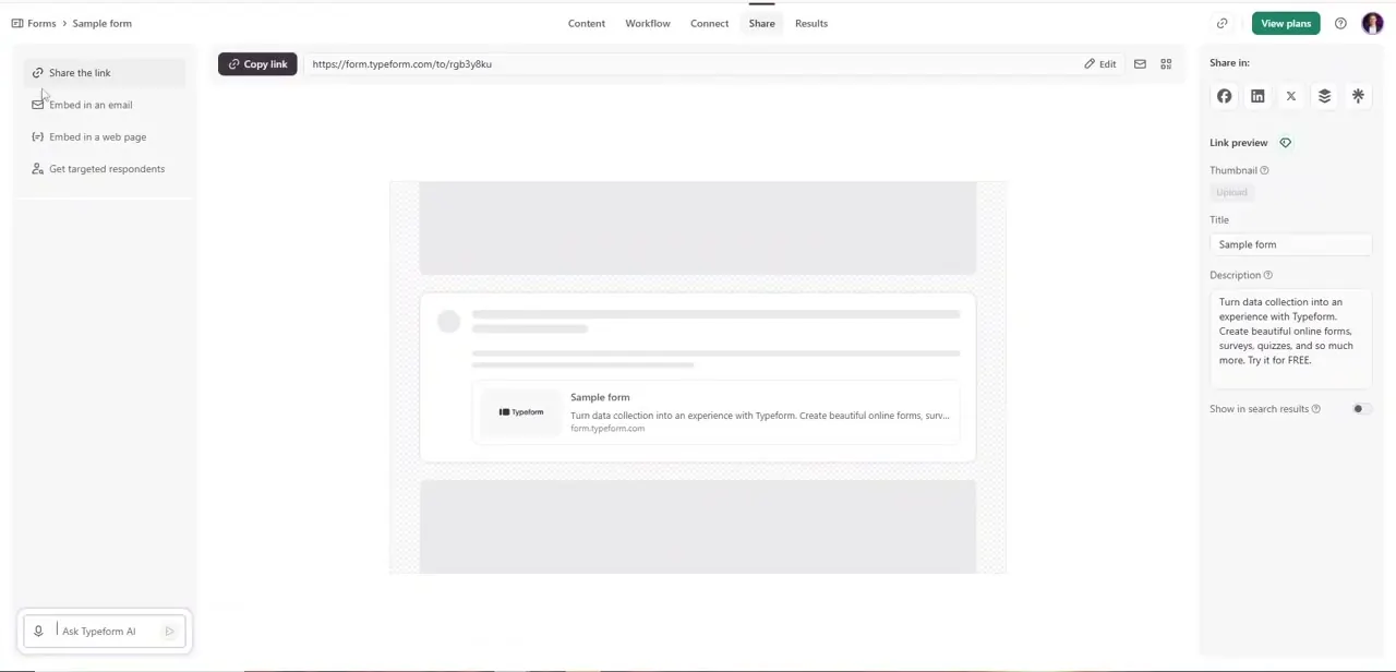 The Share panel with Embed in an email selected in the sidebar, next to the Copy link field and a Link preview editor for thumbnail, title, and description.