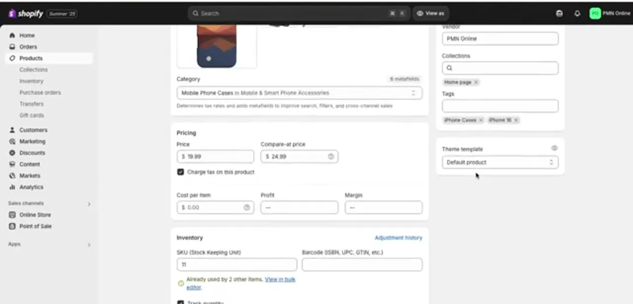 A product's detail page. Scroll past pricing and inventory to the shipping section, where the physical-product toggle and weight live.