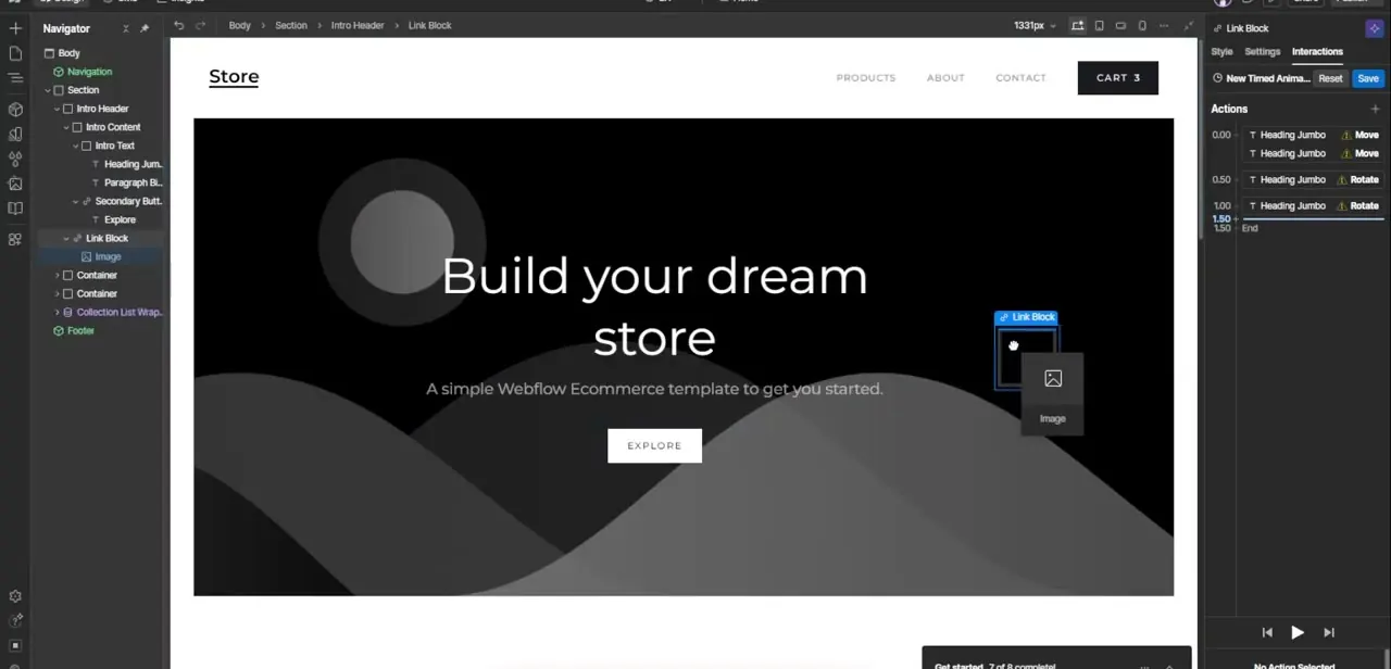 A Link Block dropped into the header section, shown selected on the canvas with an Image element being added inside it.