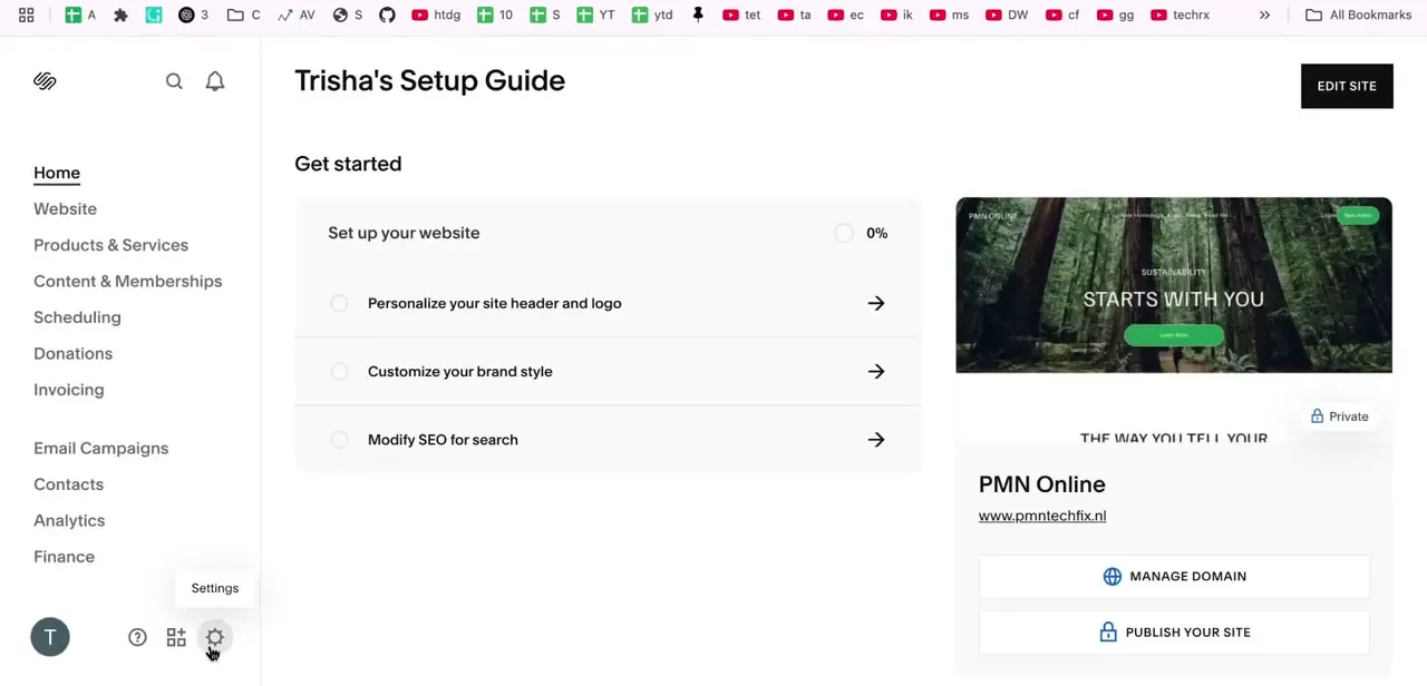 A Squarespace site dashboard, with the Settings gear icon at the bottom of the left sidebar.
